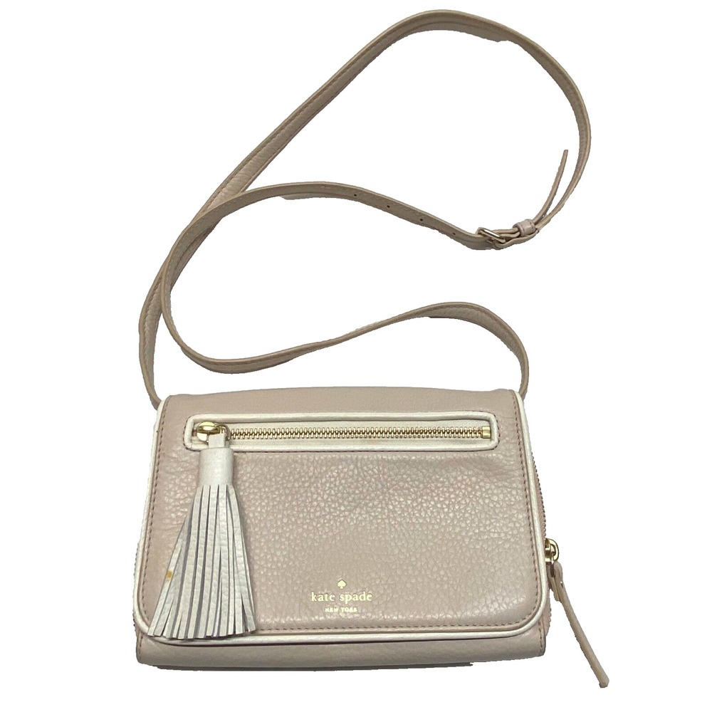 Kate Spade Two-Toned Tassel Crossbody Purse Beige Ivory Leather Shoulder Bag GUC